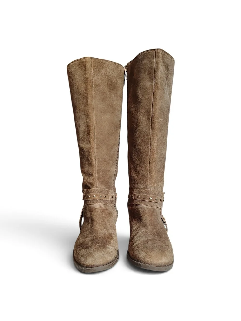 Nine West Luciana Tan Suede Studded Harness Riding Boots Women's Size 9
